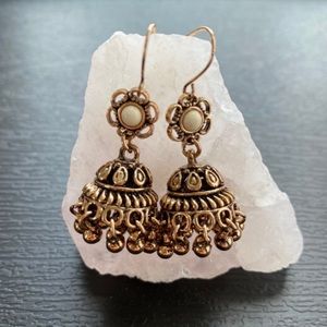 Gold Indian Jhumka, Traditional India Dangle Earrings With White Stone